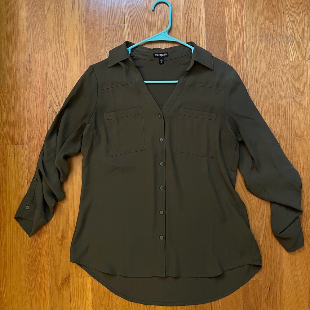 Express Women's Dark Olive Green Button-Down Shirt
